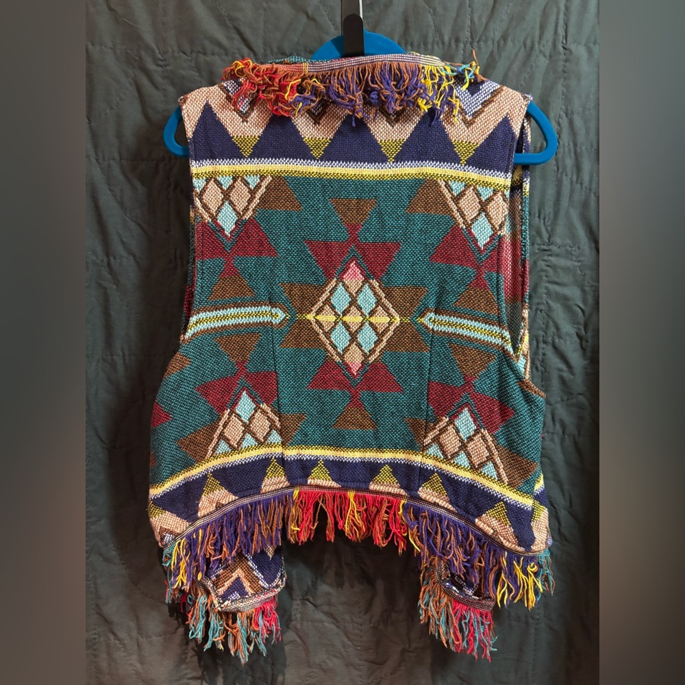 Bohemian Multicolor Geometric Pattern Poncho - image 5